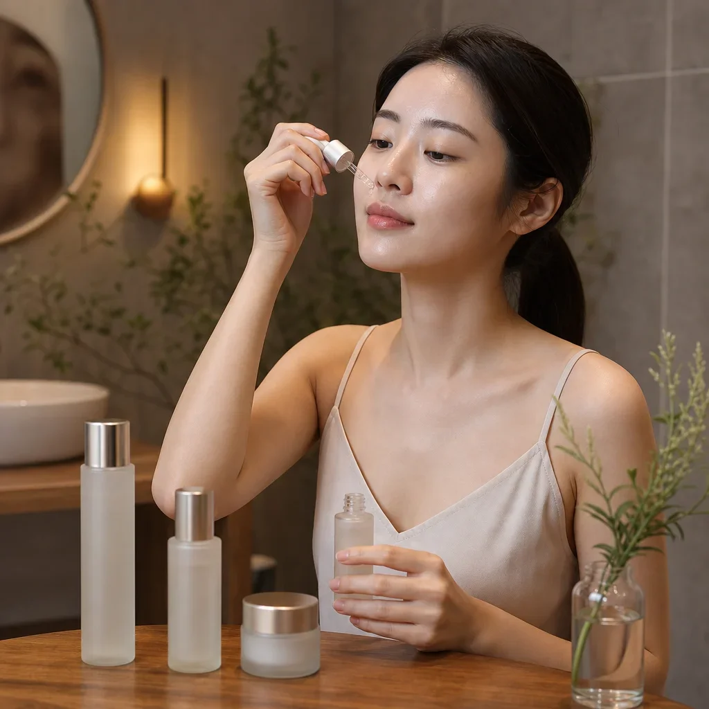 台灣女性在溫暖燈光下使用外泌體保養產品的細節