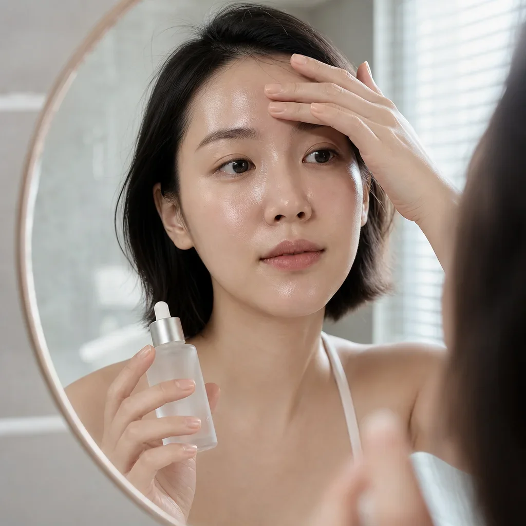 在浴室鏡子前檢查T區的台灣女性,展現油性膚質外泌體保養的效果