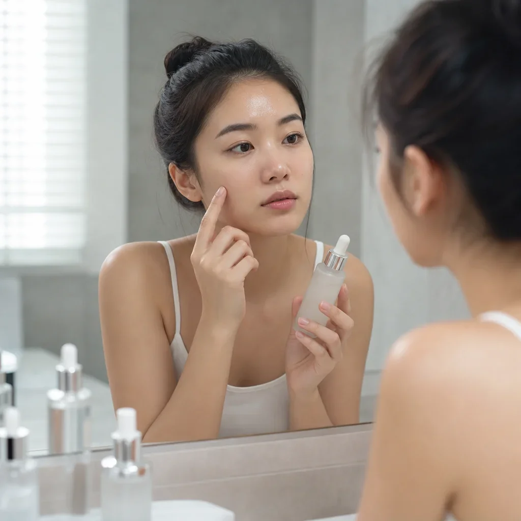 在現代簡約浴室中，台灣女性檢查油性膚質外泌體保養的T區