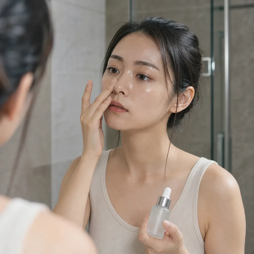在現代簡約浴室中檢查T區的台灣女性與油性膚質外泌體保養