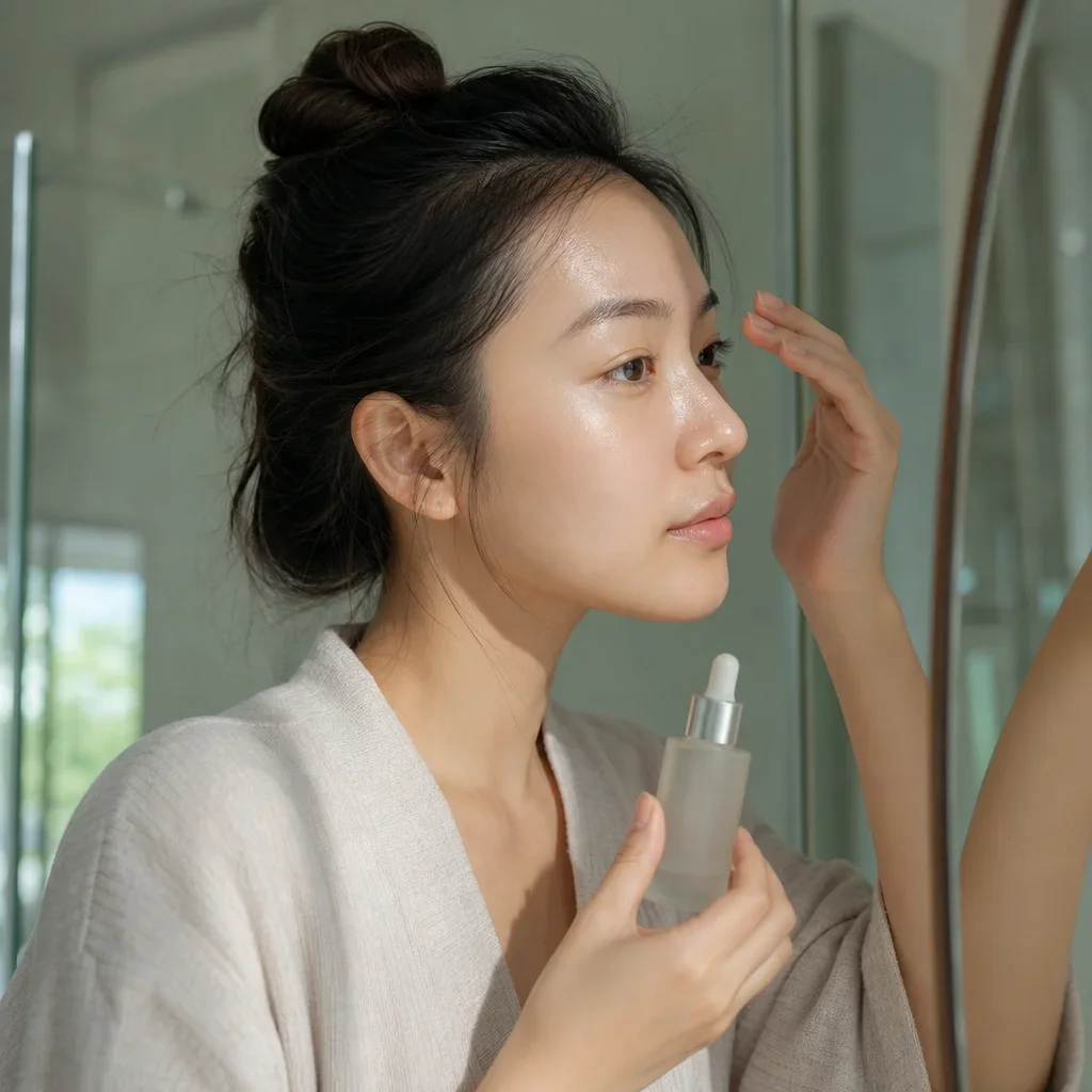 在自然光下檢視油性膚質的台灣女性，輕柔陽光勾勒出臉部特徵
