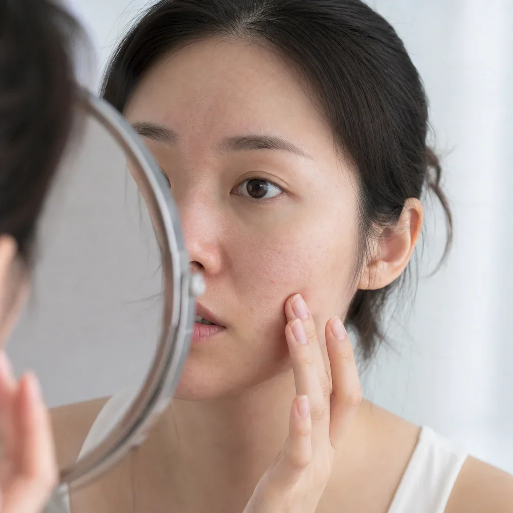 東亞台灣女性在鏡子前觀察自然肌膚狀況與細緻紋理