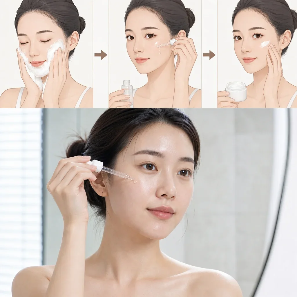 在明亮現代浴室中輕輕塗抹外泌體保養精華的台灣女性