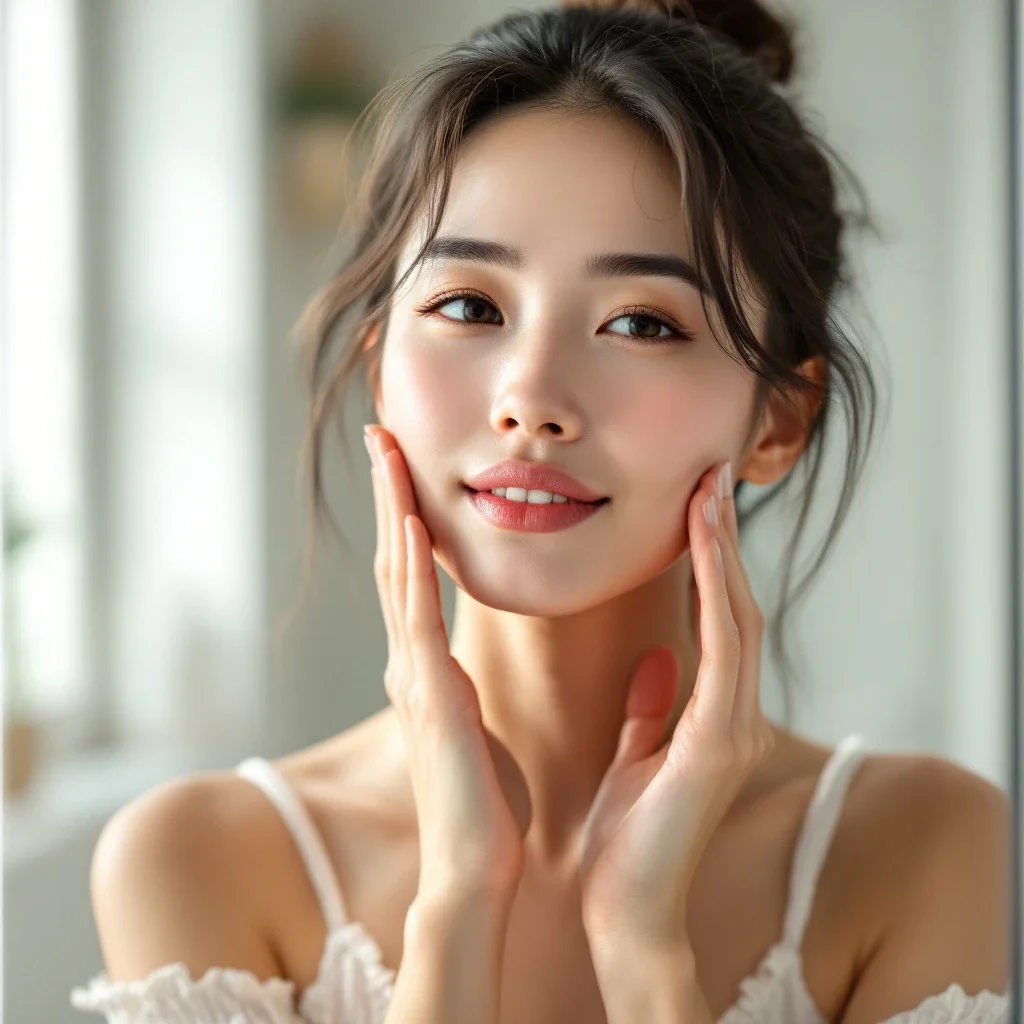 在明亮浴室鏡前檢視肌膚狀況的台灣女性