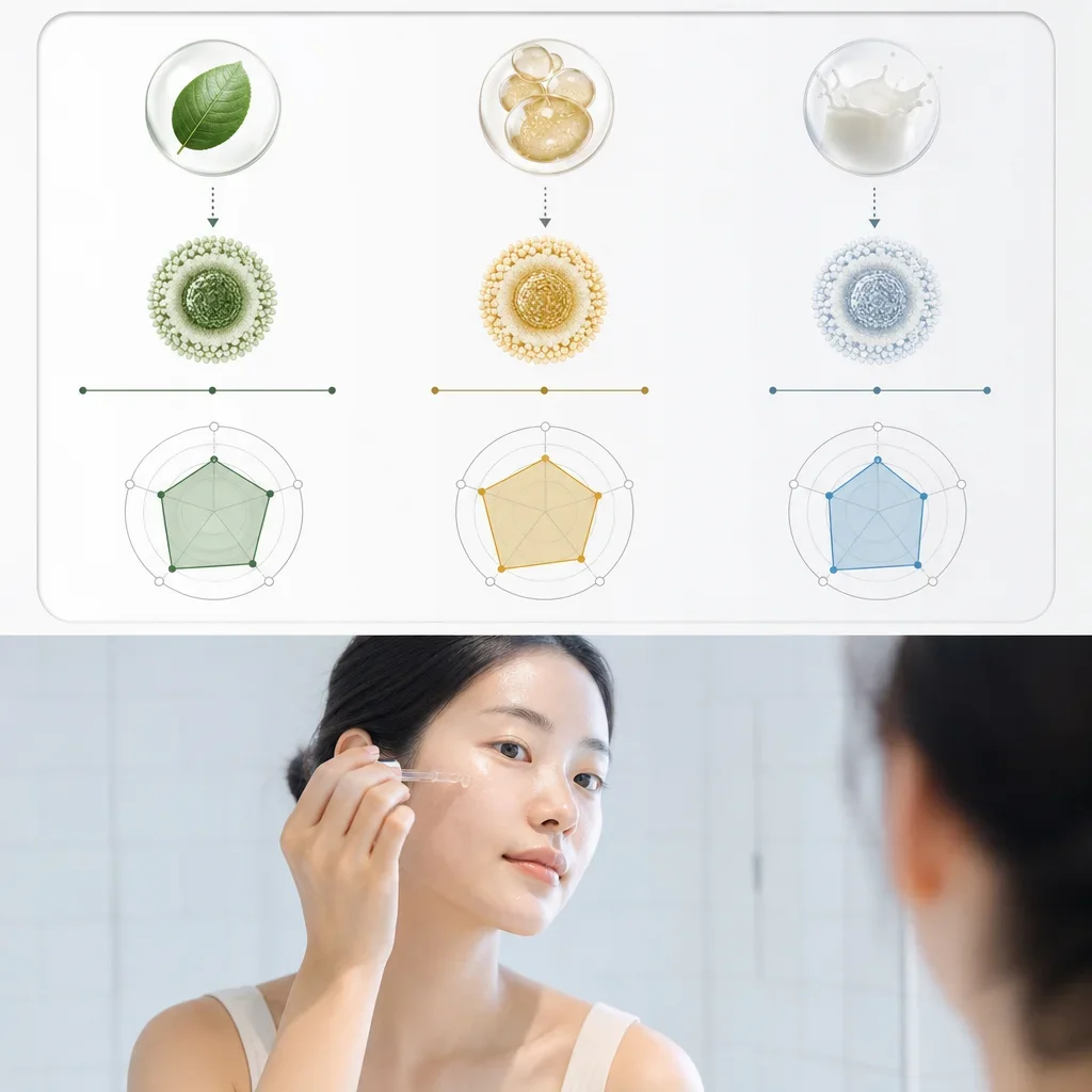 在明亮的極簡浴室中,東亞女性在清潔肌膚後塗抹外泌體精華,展現自然健康的肌膚