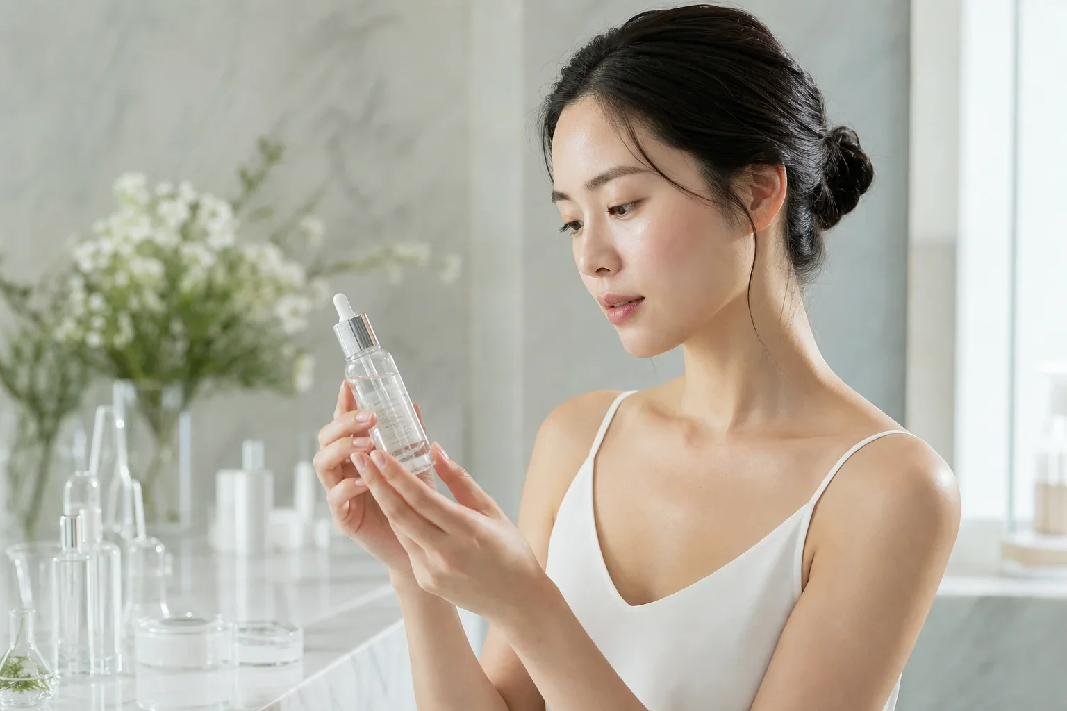 在明亮的極簡浴室中，東亞女性專注閱讀外泌體保養成分分析的高端護膚精華瓶標籤