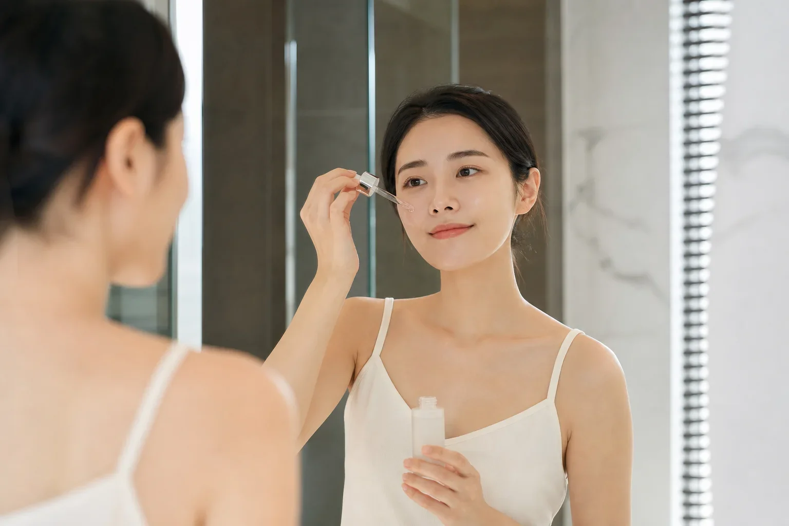 在浴室鏡前輕柔塗抹高級外泌體精華的台灣女性