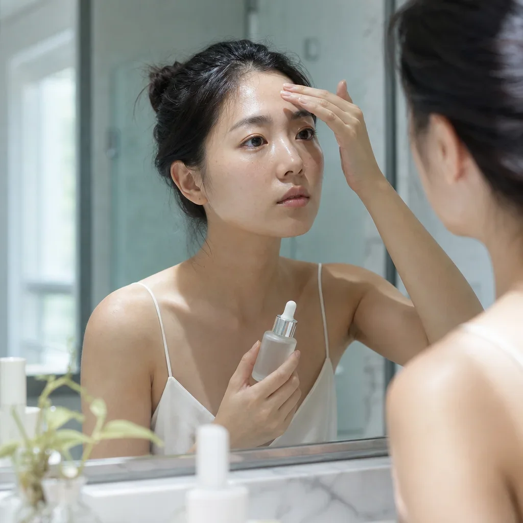 台灣女性在浴室鏡前檢查油性膚質外泌體保養效果
