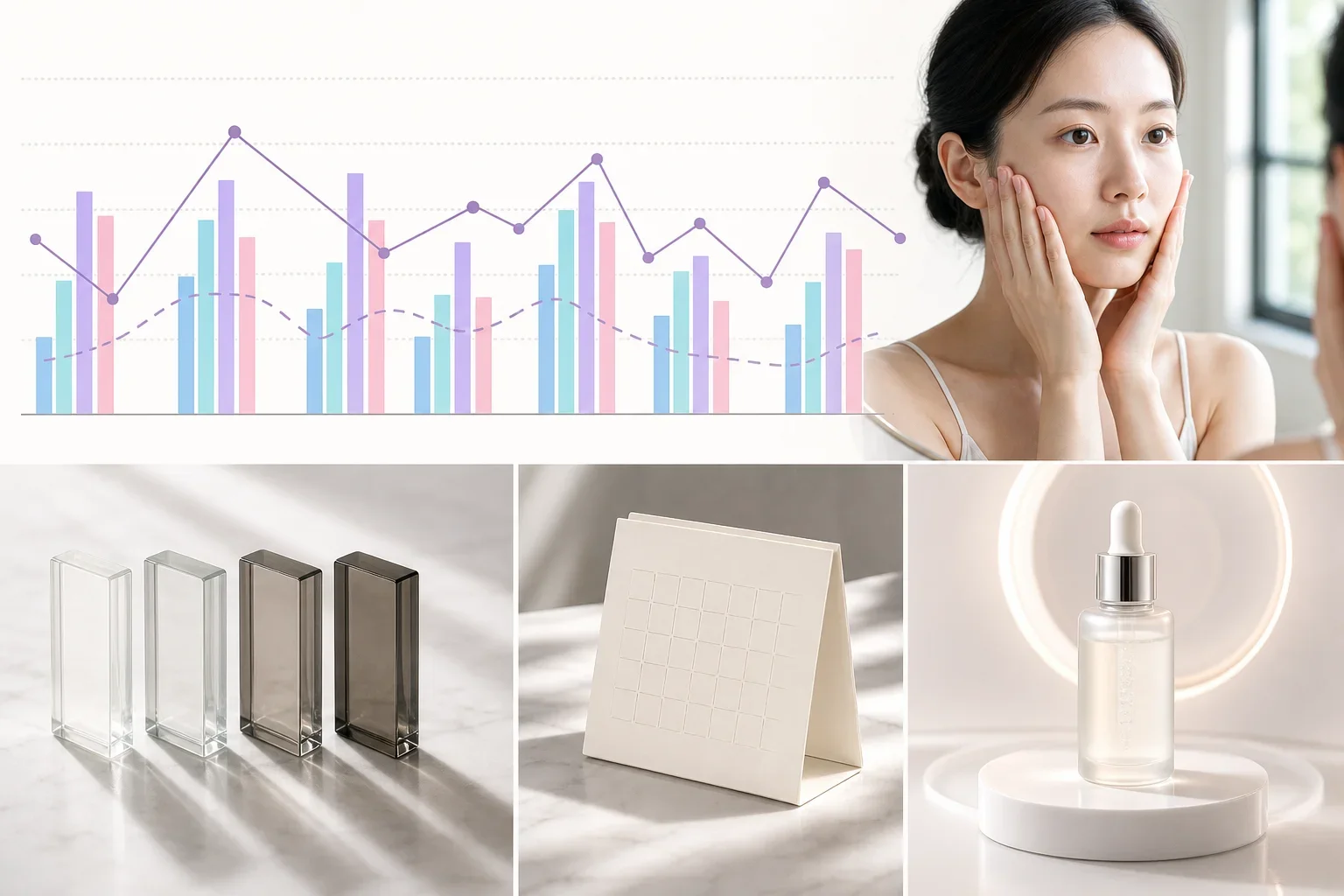 在現代梳妝鏡前觀察膚況的東亞女性,展現外泌體保養維持期的效果