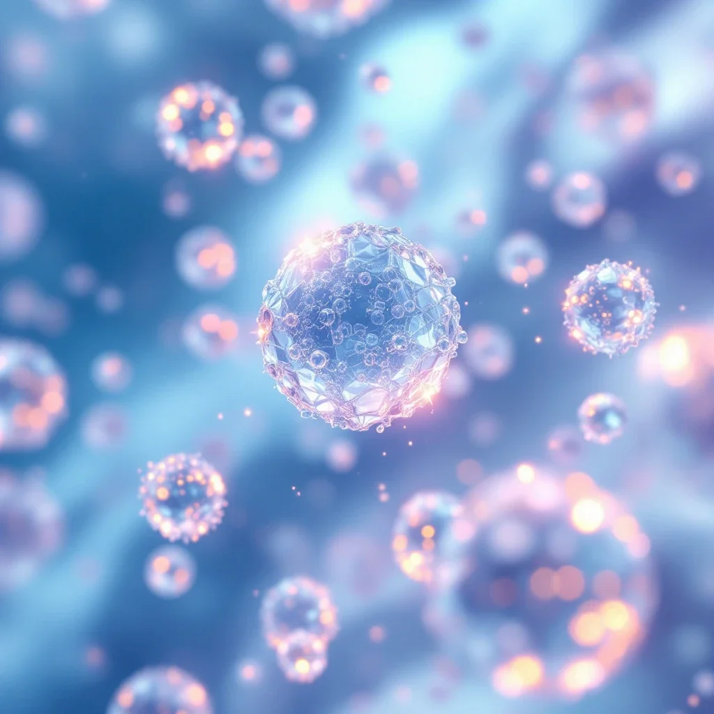 在潔淨的藍白科學環境中浮現的超真實外泌體粒子與生物技術護膚概念
