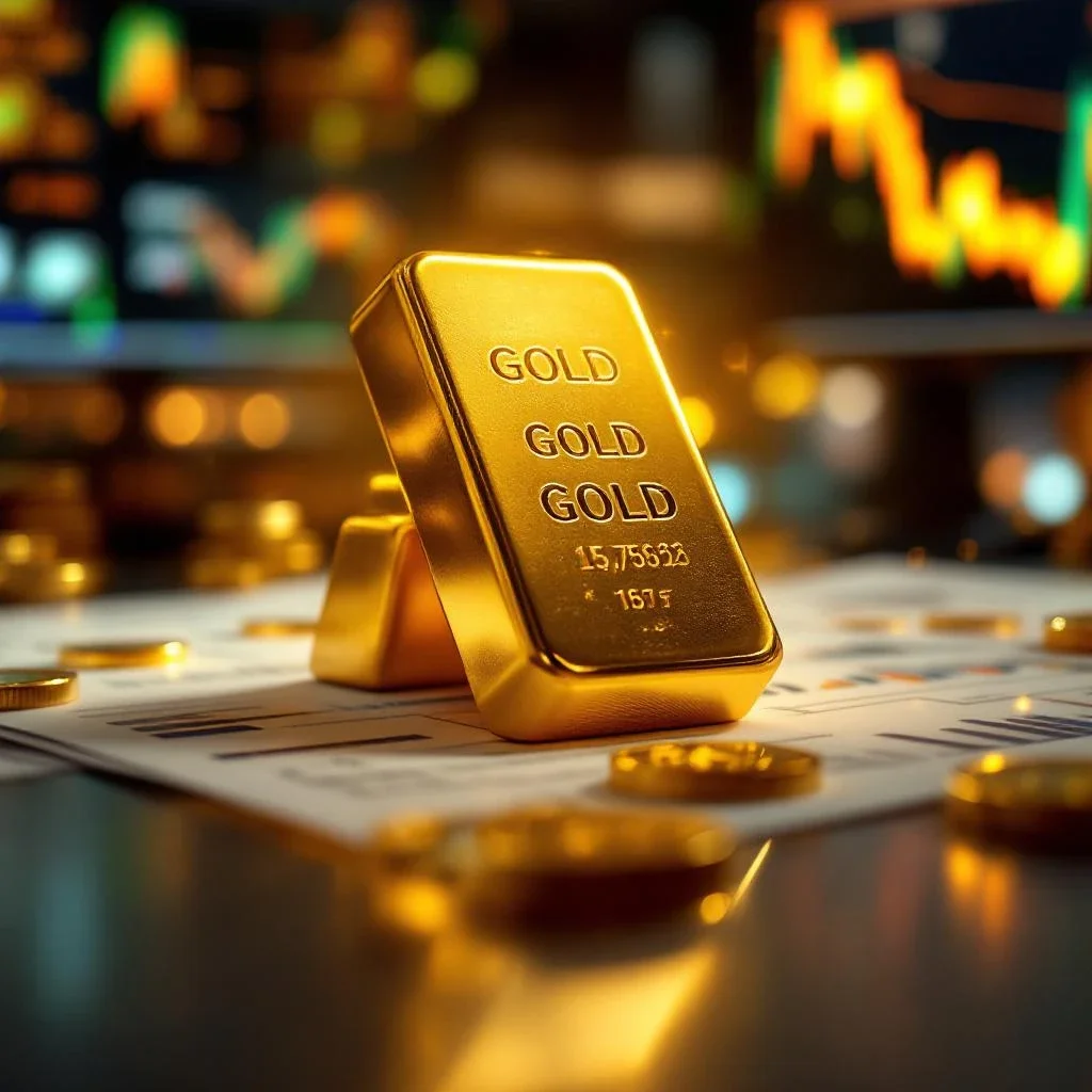 金條與價格波動圖表交錯的投資分析場景