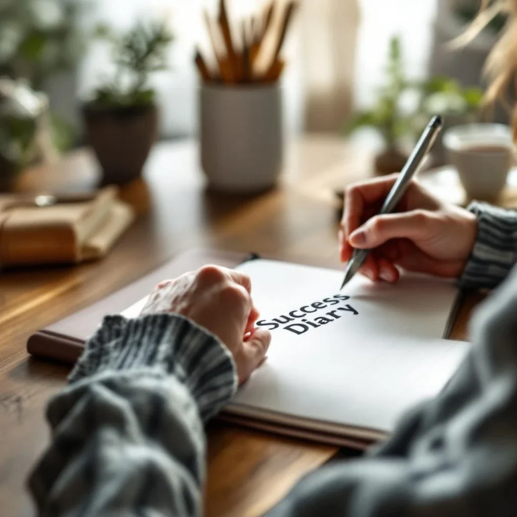 在柔和晨光下，手握筆記錄每日成就的成功日記，表現出不配得感是心理問題嗎的思考