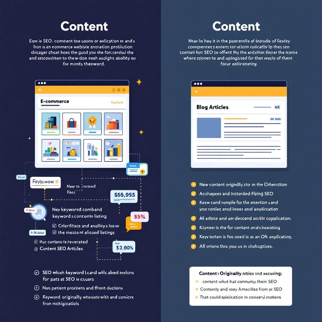 這張圖展示電商與內容行業的SEO策略差異