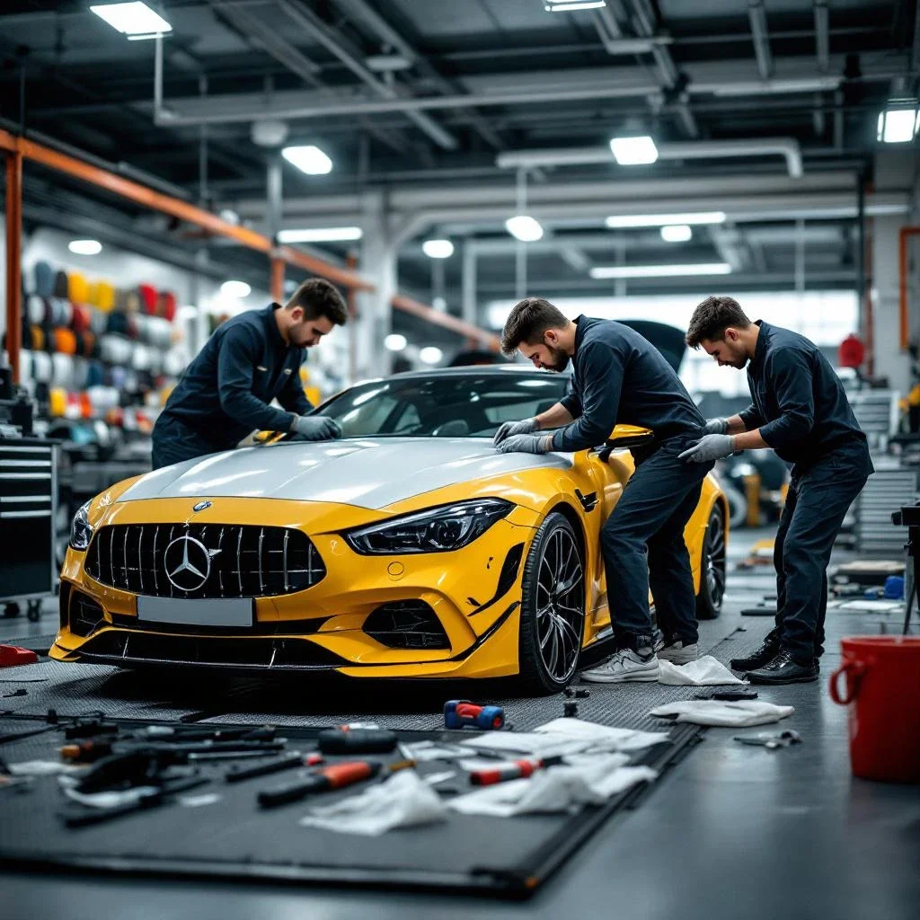專業團隊在明亮的工作坊中精細施工高雄汽車包膜施工品質