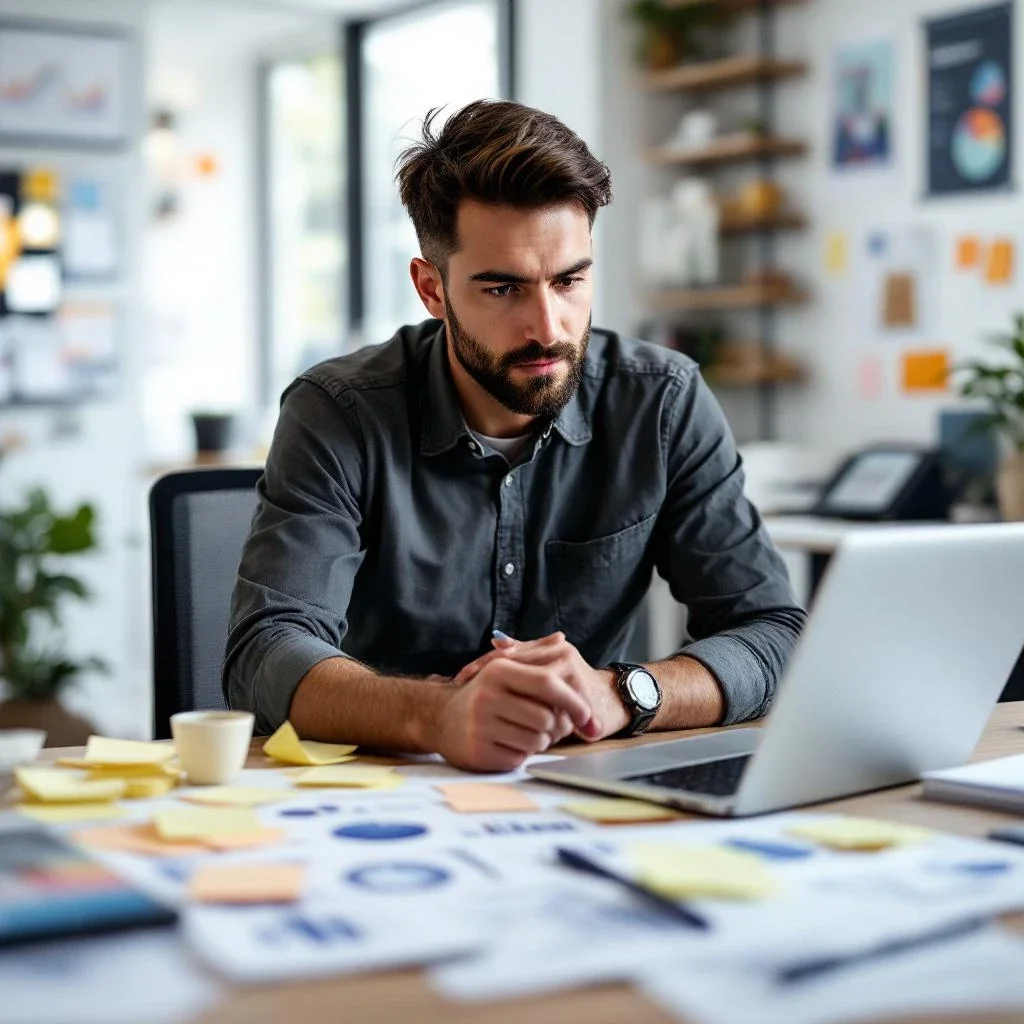 展示一個人正在分析內容策略的場面