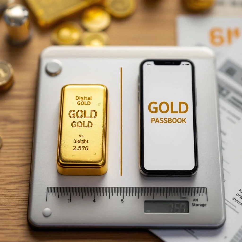 比較金條與黃金存摺的大小和重量，展示黃金存摺優缺點