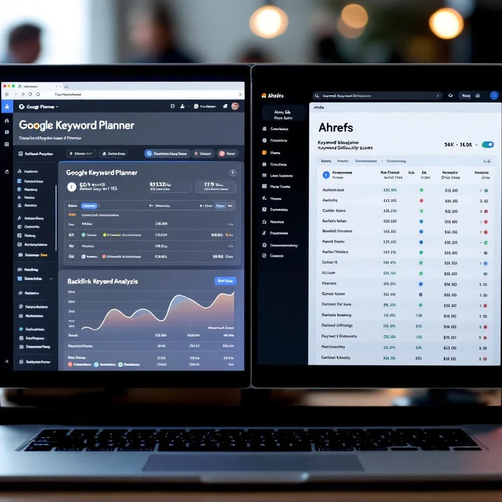 展示 Google Keyword Planner 和 Ahrefs 的界面
