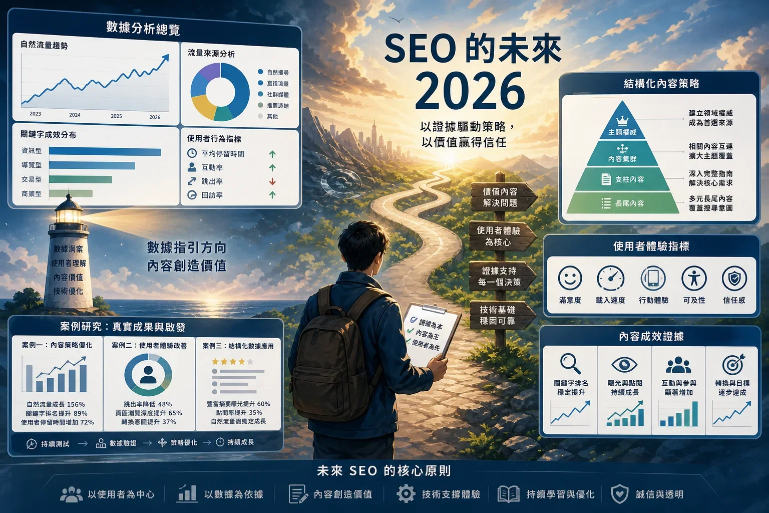 SEO 文章寫作最佳實踐：展示2026年SEO未來趨勢的概念插圖，強調數據分析和內容有效性的視覺證據
