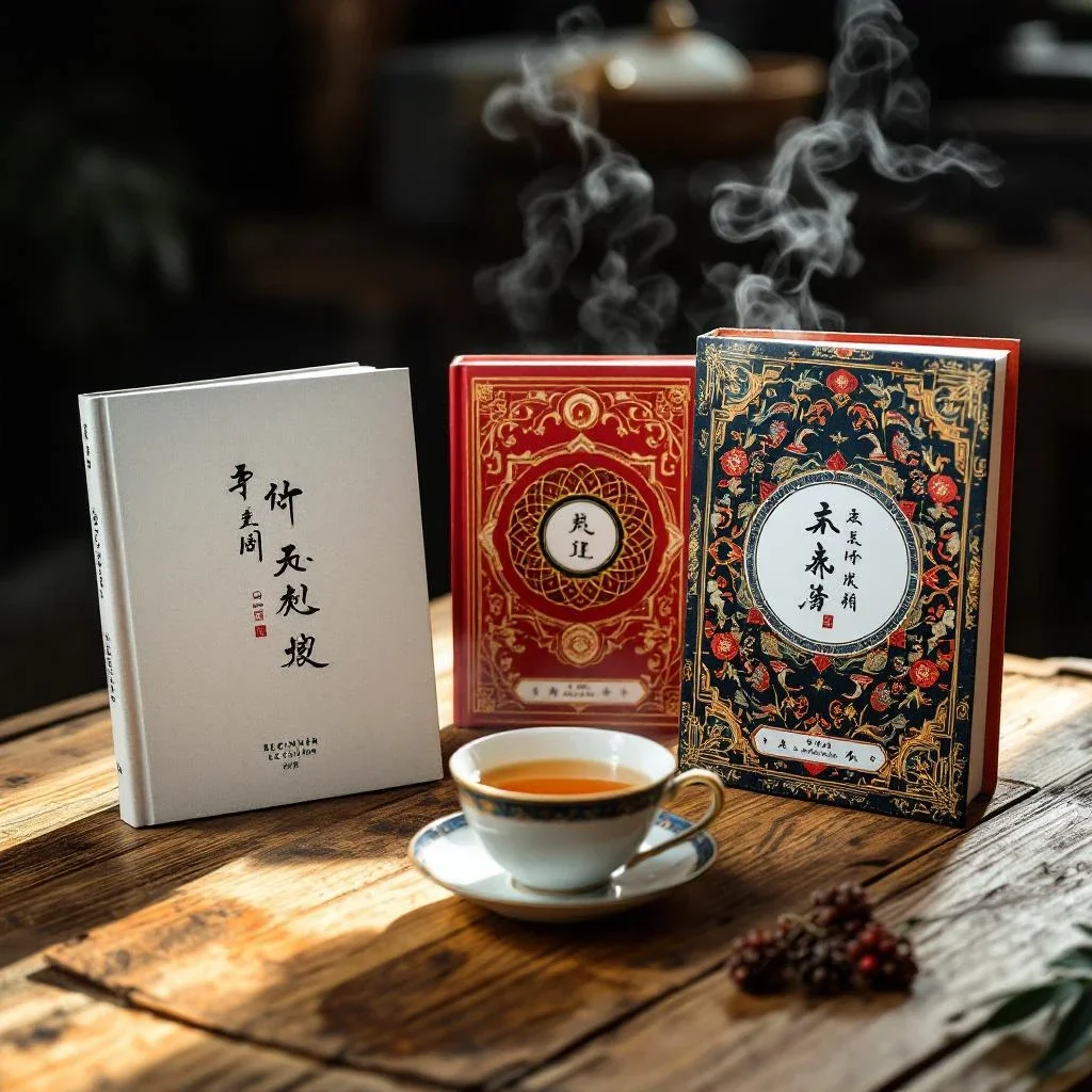 木桌上擺放的三本易經入門書籍和茶杯