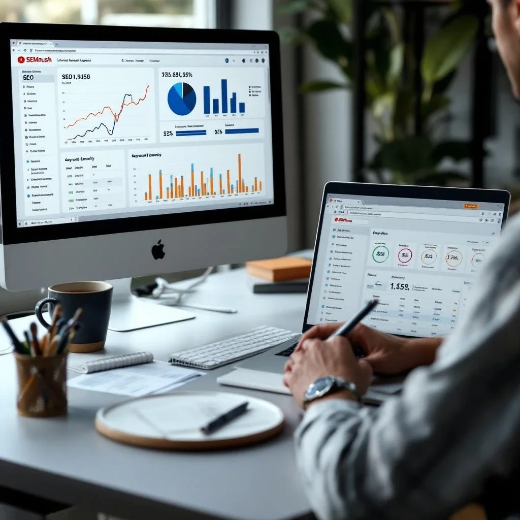 展示一個人使用 SEMrush 檢查關鍵字密度的畫面