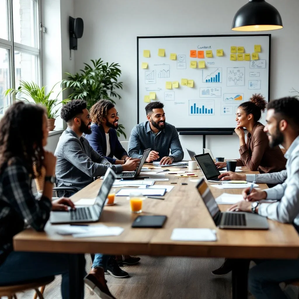 這張圖會呈現一個商業團隊討論內容策略的場景