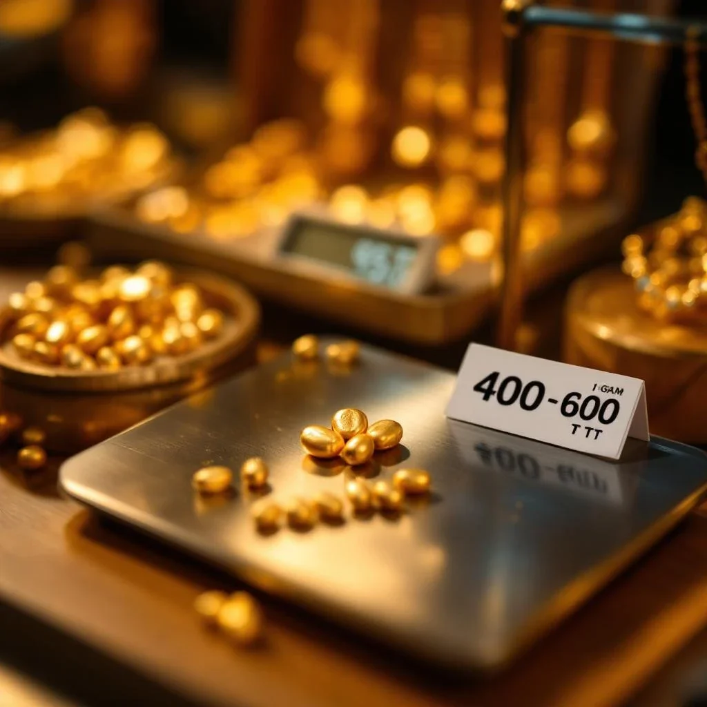 數位秤上顯示一克黃金金豆與價格標籤的特寫，展示黃金金條與金豆比較的投資選擇