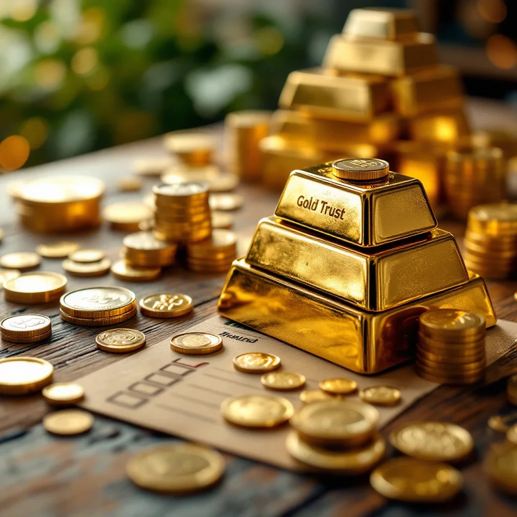 木桌上排列的黃金金條和硬幣,前景有品牌信任度評估檢查表 木桌上排列的黃金金條和硬幣,前景有品牌信任度評估檢查表