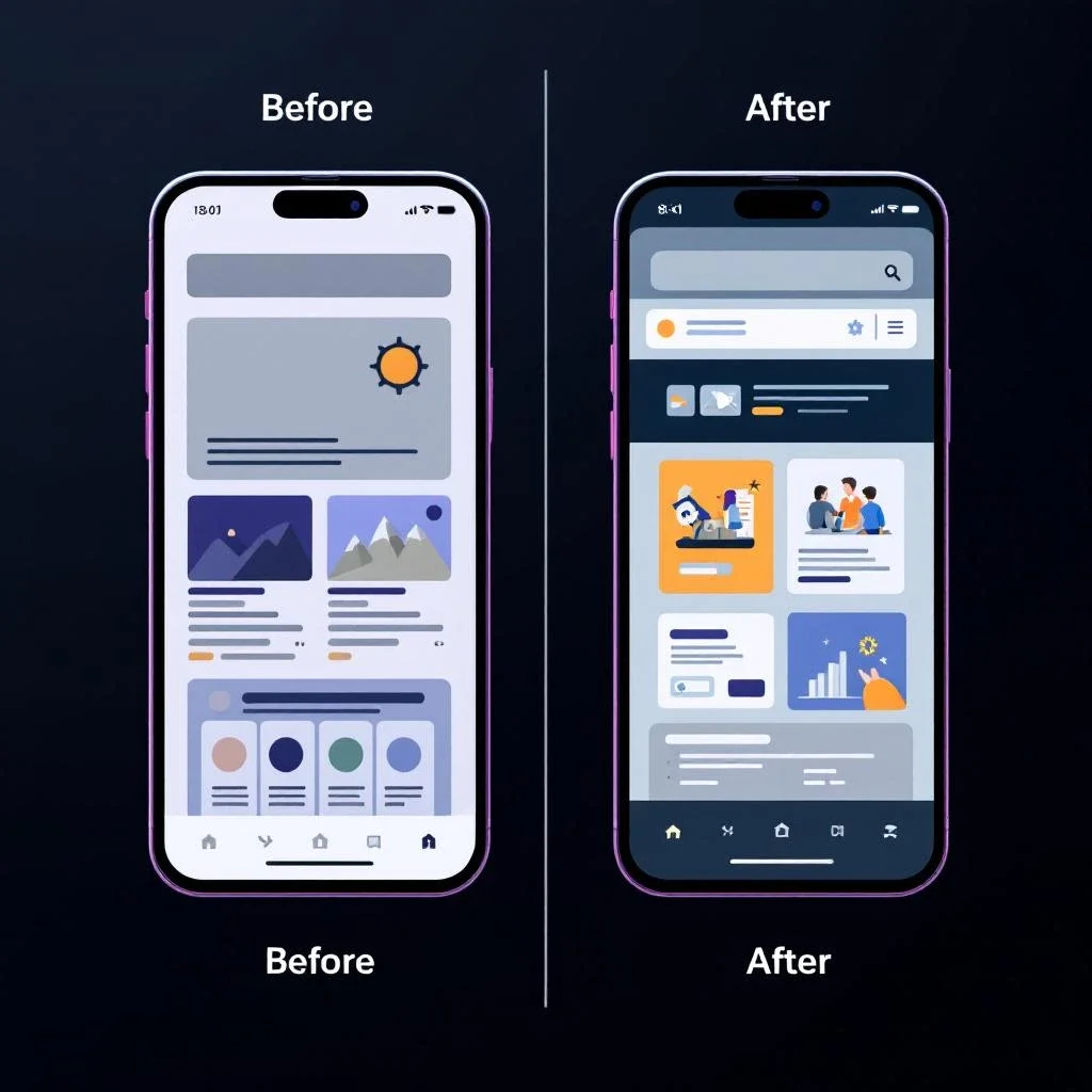 展示行動版網站優化的前後對比，強調讀者體驗的提升。