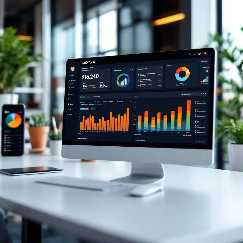 展示SEO工具的使用界面，包括關鍵字研究和追蹤工具。