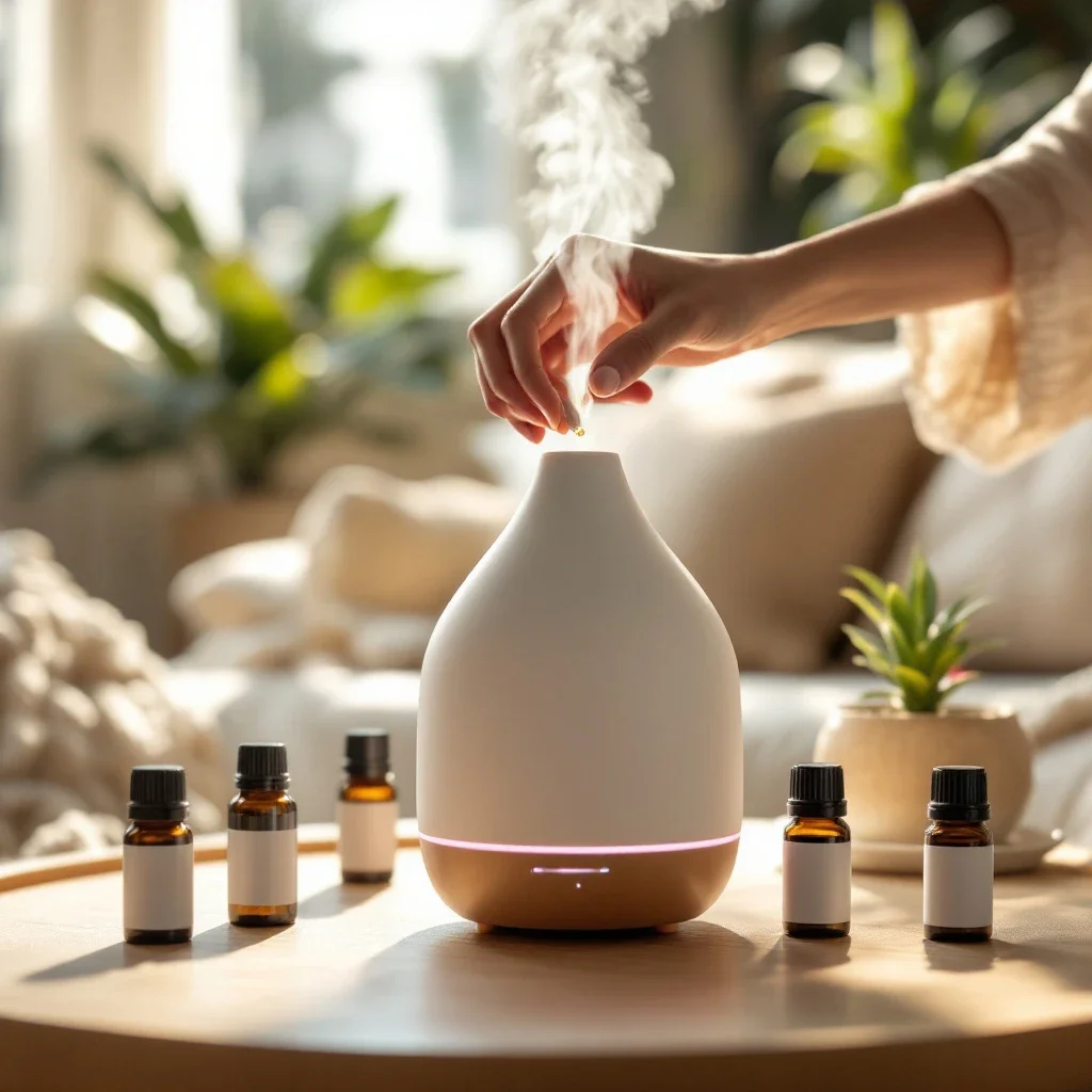 在柔和自然光下，將精油滴入擴香器的動作與精油瓶環繞，適合情緒低落的精油使用