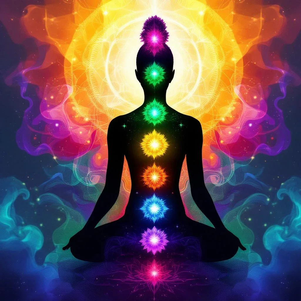 人體輪廓旁邊擺放的精油與七個脈輪的藝術表現,展現芳香療法精油使用的能量連結
