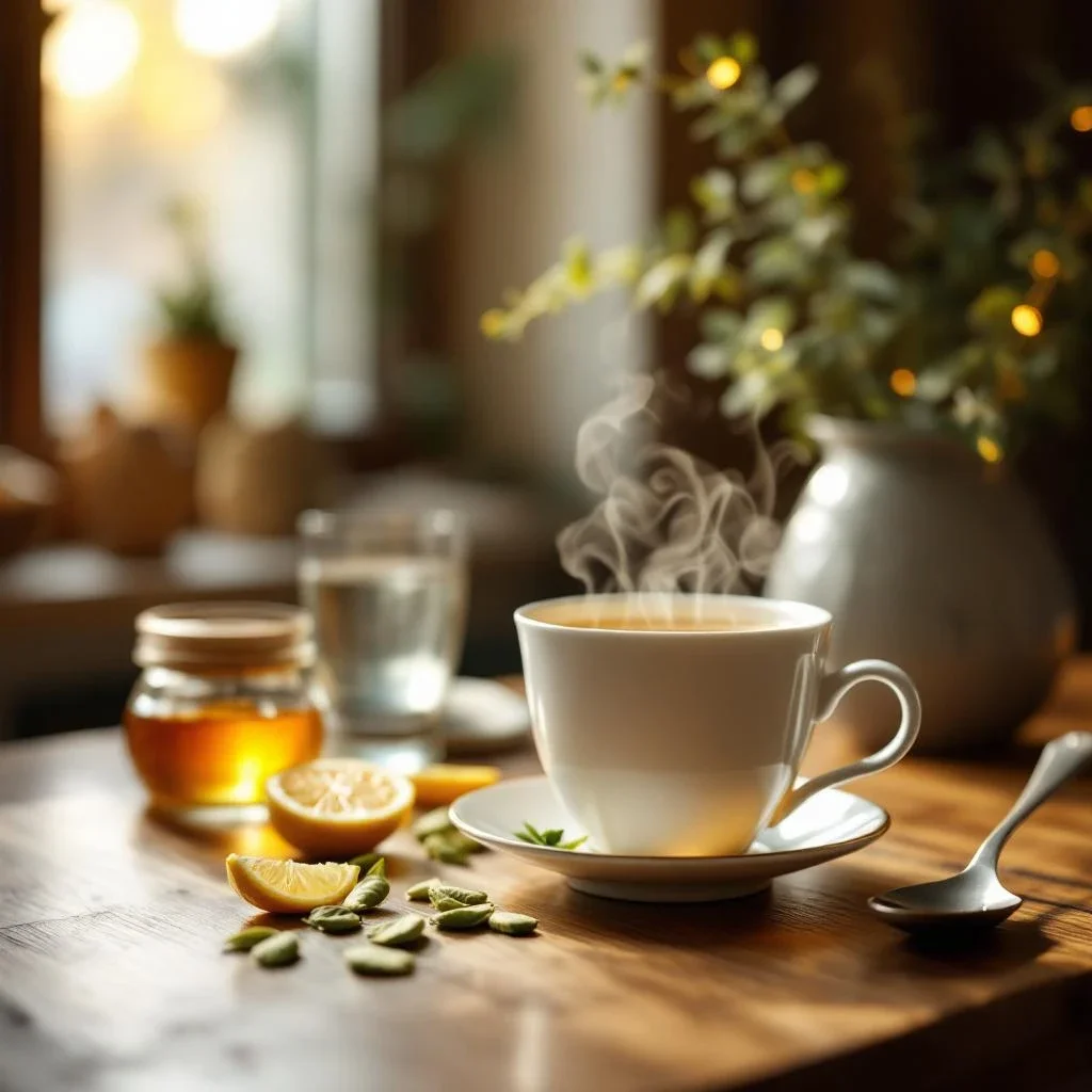 溫暖的木桌上擺放著一杯熱騰騰的草本茶和一杯溫水,營造舒適的居家氛圍,適合咳嗽時可以吃什麼食物的自然療法