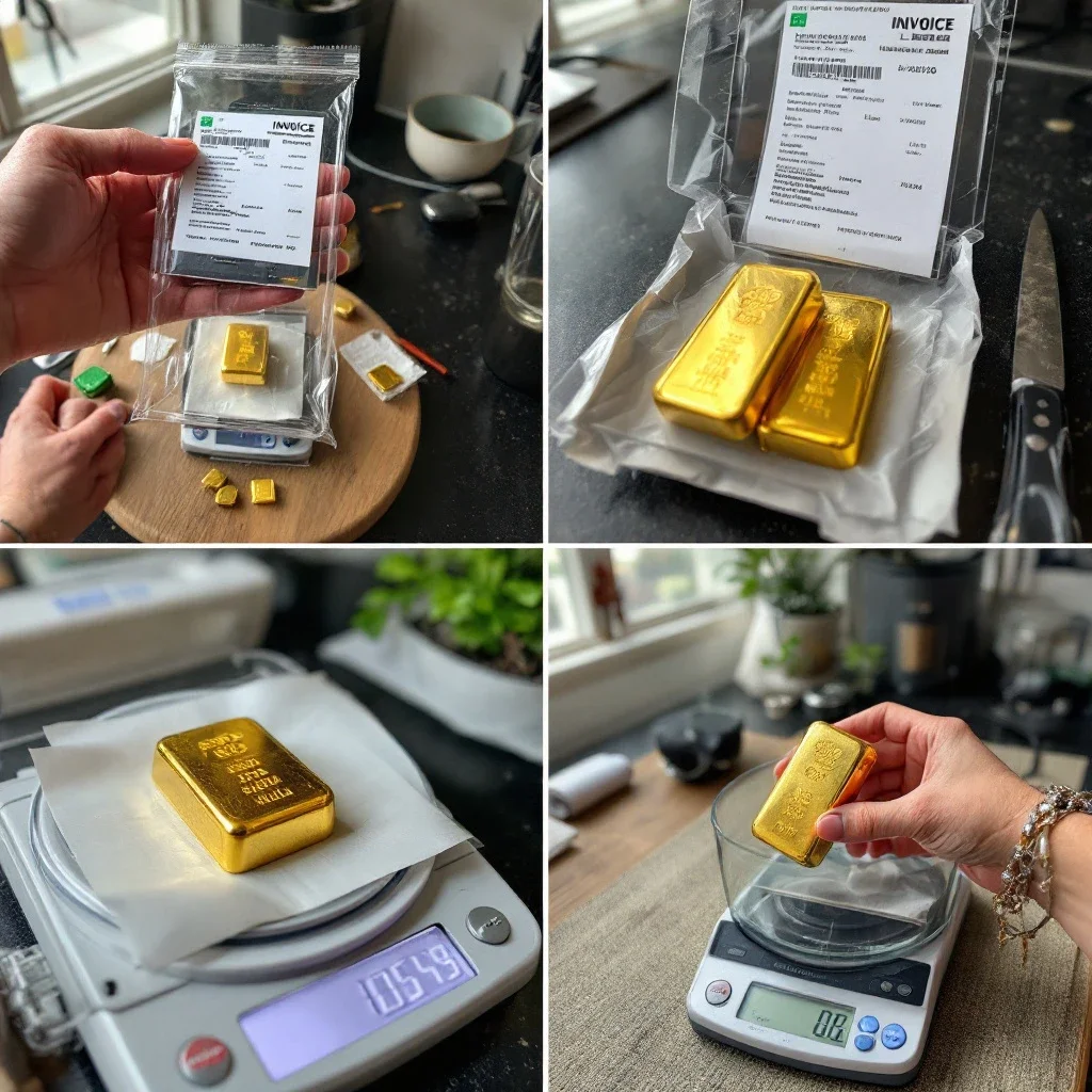 在家中稱量黃金金條的過程與包裝細節
