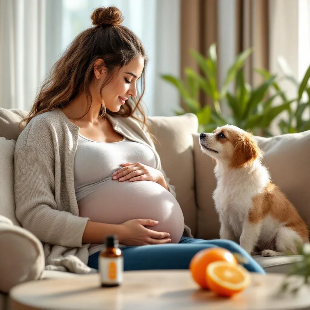 懷孕婦女坐在沙發上與小狗放鬆，旁邊擺放著甜橙精油強調芳香療法精油使用的安全性