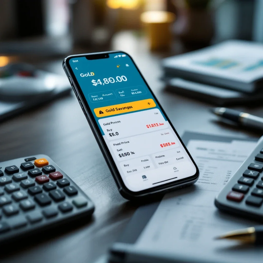 現代辦公桌上顯示黃金存摺保值能力的銀行應用程式與計算器
