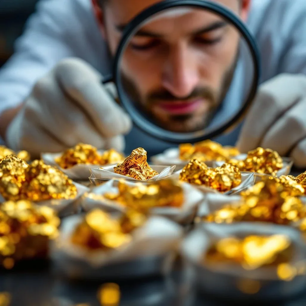 珠寶商用放大鏡檢查標示重量與價格的金豆包裝