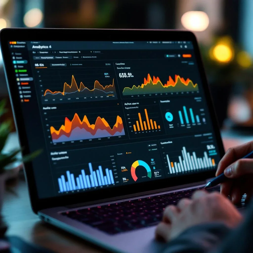 展示GA4數據分析界面，重點指標可視化