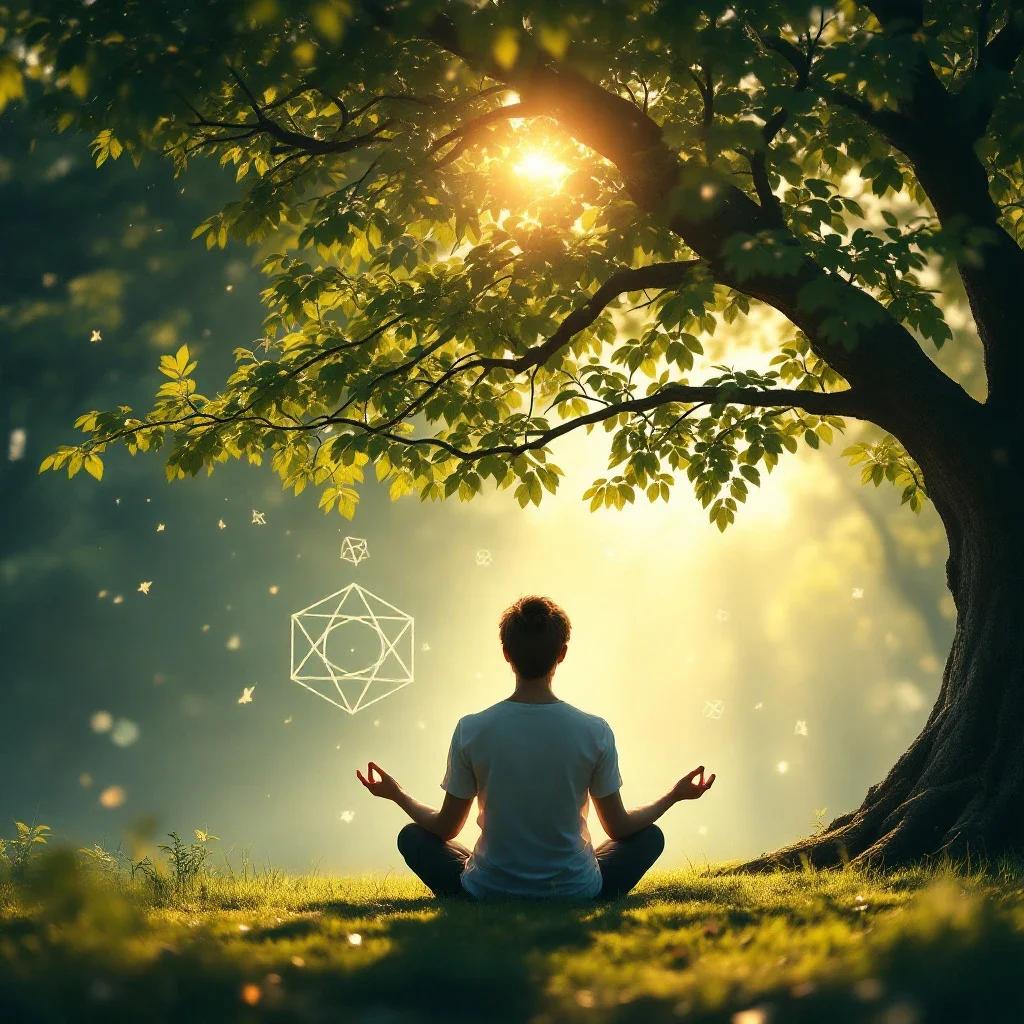 在樹下冥想的人與浮現的卦象應用符號帶來的靈感與清晰感