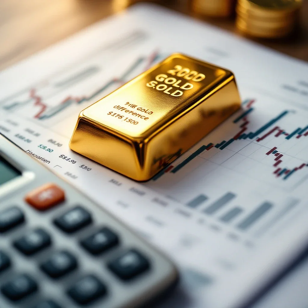近距離觀察金條與財務文件及計算器展現黃金金條投資風險