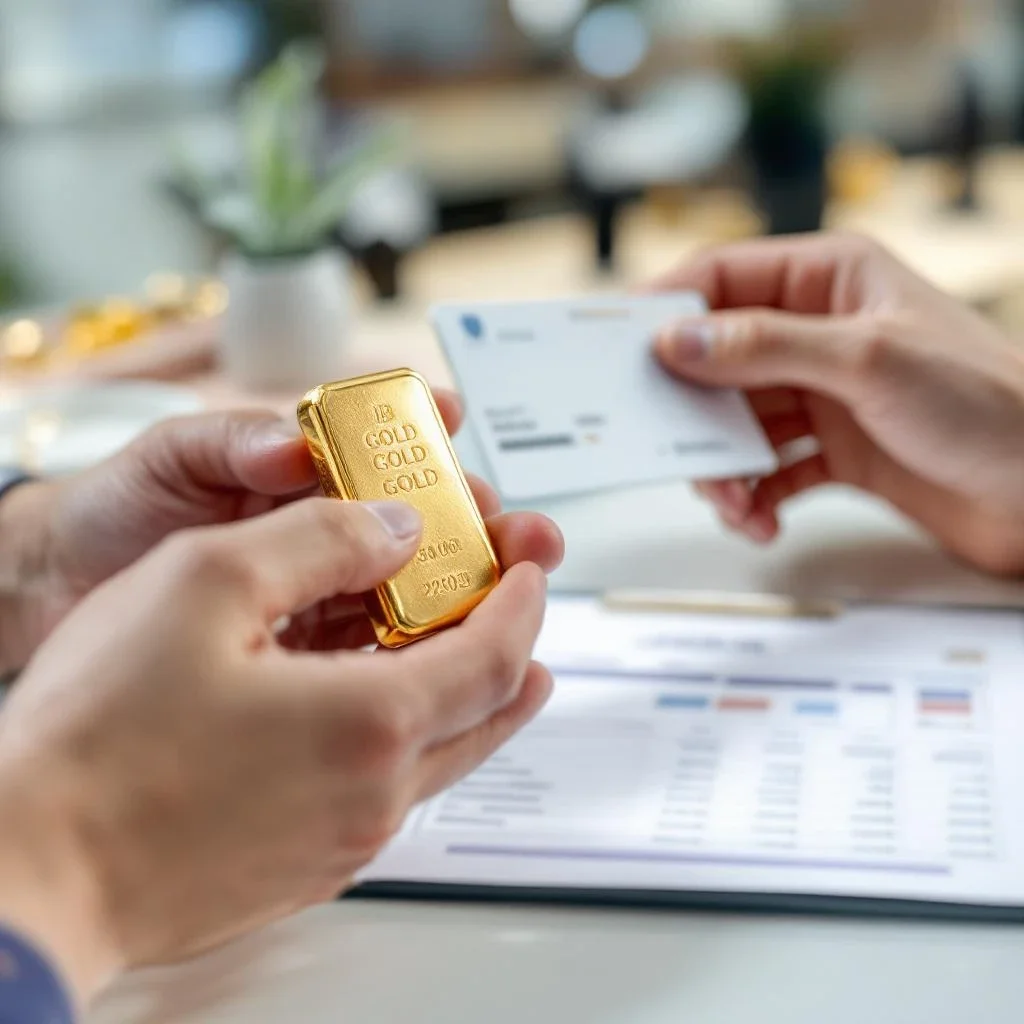 雙手持有金條與身份證，旁邊放著黃金金條回收流程的報價單