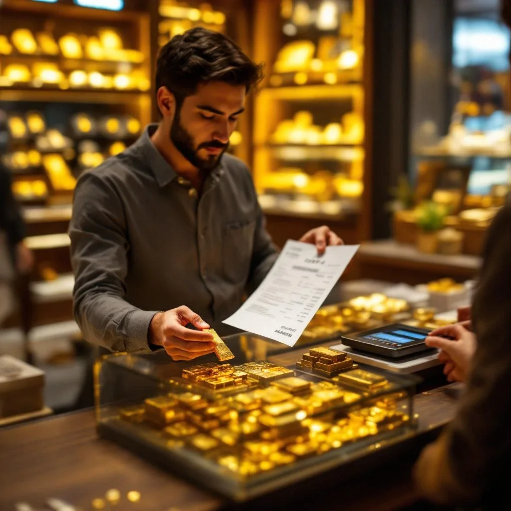 顧客在珠寶店櫃台上拿著金條和收據，店員正在使用數位秤稱重金條，展現黃金金條市場動態的緊張氛圍