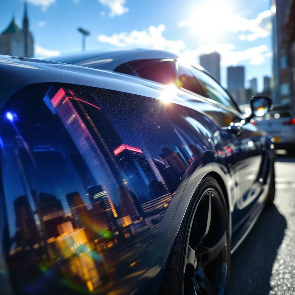 在陽光下停放的光滑車身展示包膜維護誤區的潛力
