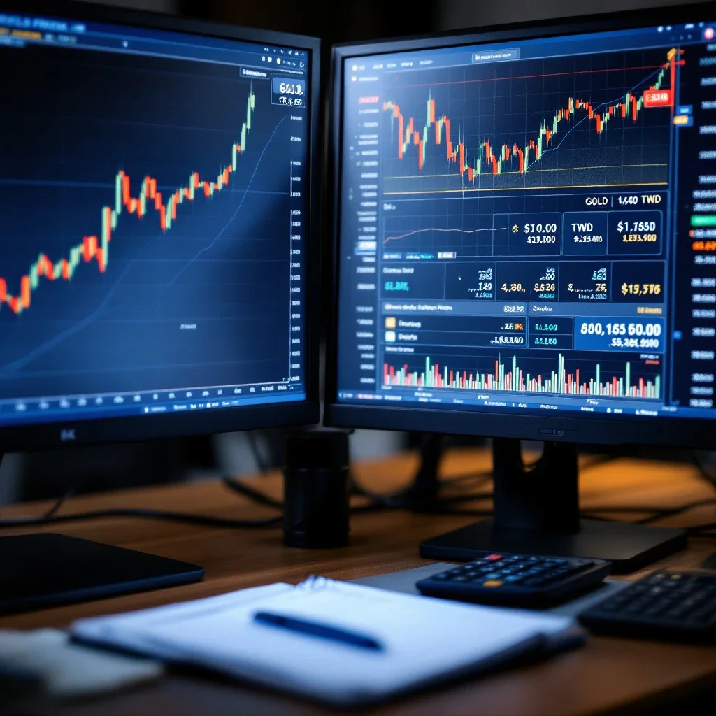 金融分析師桌面顯示即時金價與黃金金條回報風險相關數據