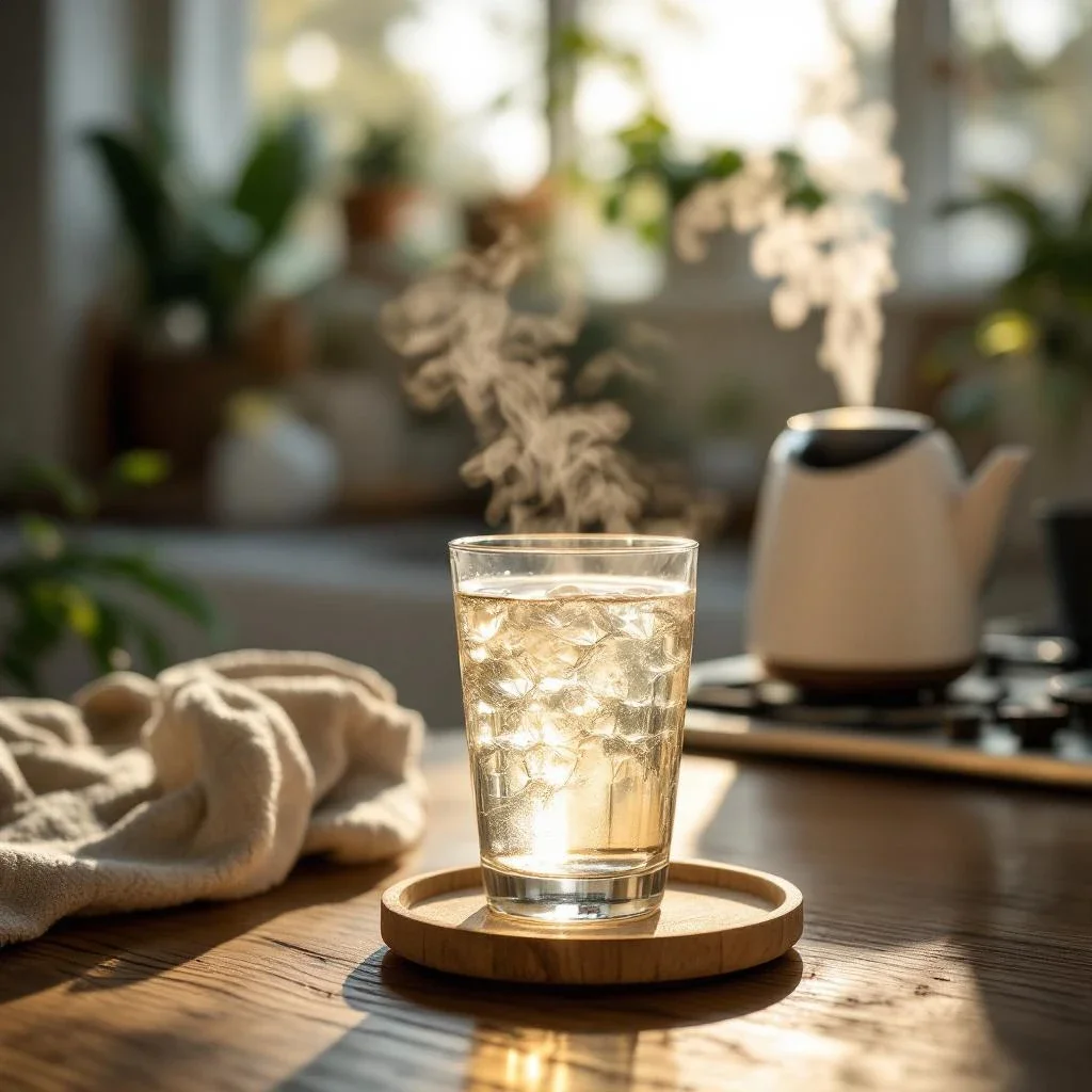 溫暖的廚房場景中,桌上擺著一杯熱水,蒸氣從爐上的水壺升起,營造出舒適的氛圍,適合喉嚨痛怎麼快點好的舒緩方法