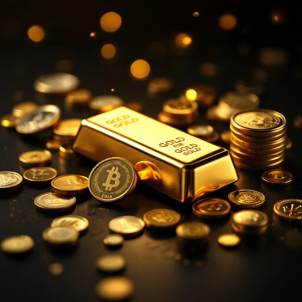 黑色背景下金條和硬幣藝術性排列象徵黃金存摺選擇的投資機會
