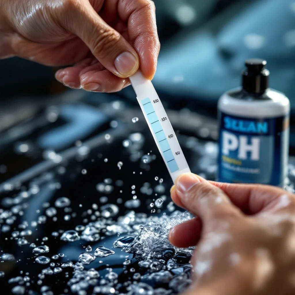 車主使用pH試紙測試洗車皂的鹼性水平，強調包膜維護誤區