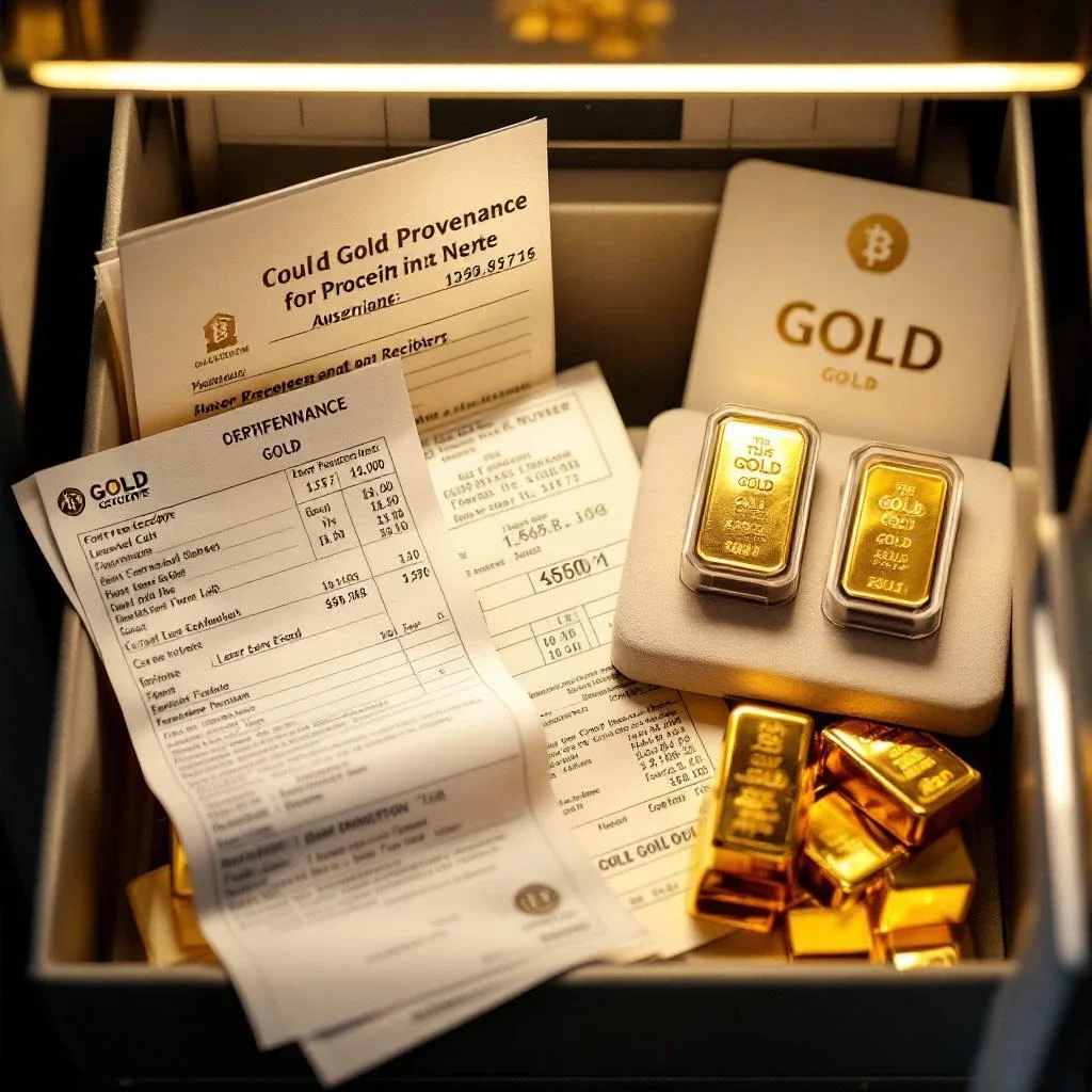 安全保險箱內整齊擺放的黃金金條與購買收據及包裝