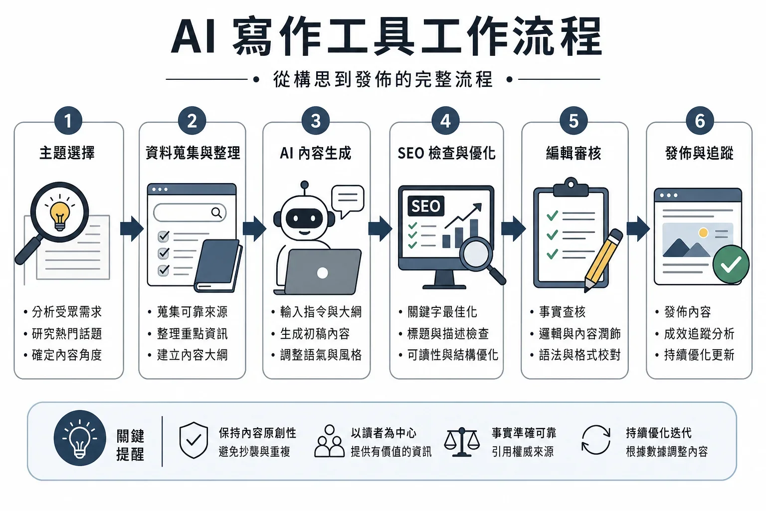 AI寫作工具優缺點分析：展示AI寫作工具工作流程的資訊圖，強調關鍵步驟與SEO檢查