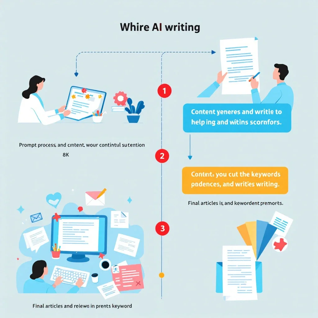 AI寫作案例：展示 AI 寫作過程的視覺指南，包含輸入提示、內容生成、關鍵字標示和最終文章審核