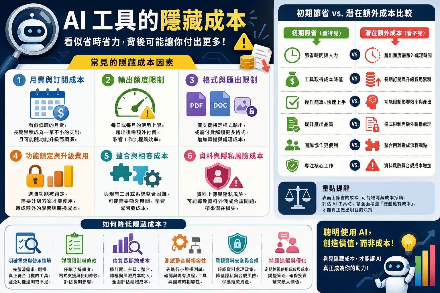 AI工具使用建議和技巧:展示AI工具隱性成本的資訊圖,包括月費、產出限制和格式限制